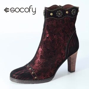 NEW - Never Worn - Burgundy Red embroidered high heeled ankle boots  Size 6